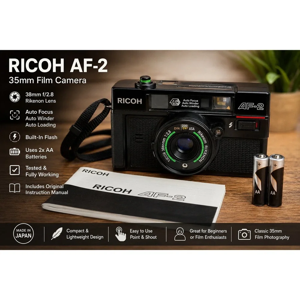 Ricoh AF-2 35mm Film Camera 38mm f2.8 Rikenon Lens Auto Focus Vtg Japan Black